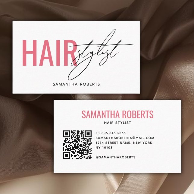 Carte De Visite Code QR de coiffeur moderne blanc rose (Créateur téléchargé)