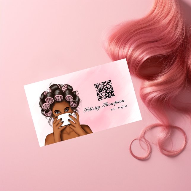 Carte De Visite Code QR de coiffeur rose chic (Créateur téléchargé)