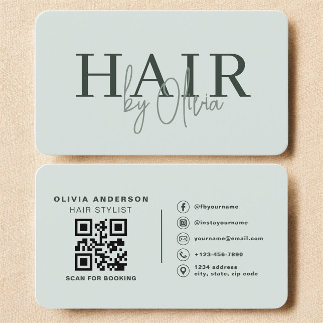 Carte De Visite Code QR de coiffeur vert sauge moderne  (Créateur téléchargé)