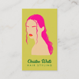 Carte De Visite Code QR de coiffure vert lime rose moderne en desi