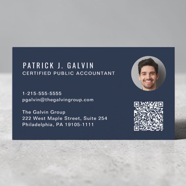 Carte De Visite Code QR de comptable CPA Photo Bleu (CPA Accountant QR Code Blue Photo Business Card)