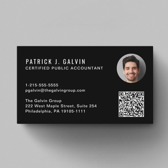 Carte De Visite Code QR de comptable CPA Photo Noir (CPA Accountant QR Code Black Photo Business Card)