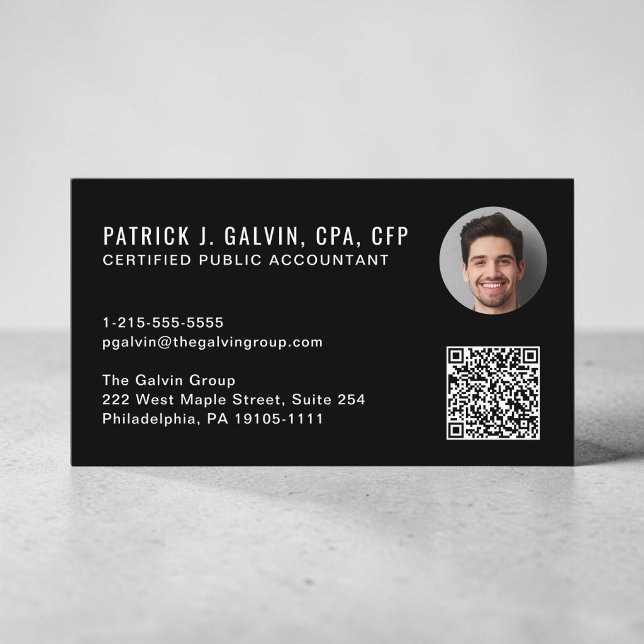 Carte De Visite Code QR de comptable CPA Photo Noir (CPA Accountant QR Code Black Photo Business Card)