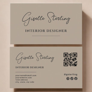 Carte De Visite Code QR de concepteur d'intérieur taupe neutre en