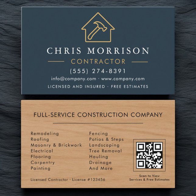 Carte De Visite Code QR de construction de bâtiment Grain de bois  (Créateur téléchargé)