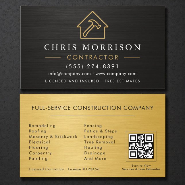 Carte De Visite Code QR de construction métallisé or noir (Créateur téléchargé)