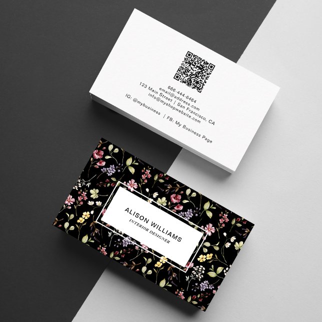 Carte De Visite Code QR de fleur sauvage Floral de printemps Noir  (Créateur téléchargé)
