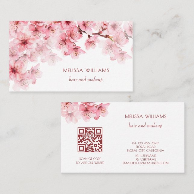 Carte De Visite Code QR de fleurs de cerisier à l'aquarelle (Devant / Derrière)