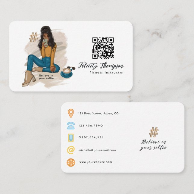 Carte De Visite Code QR de la fille selfie à la mode (Devant / Derrière)