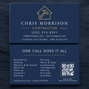 Carte De Visite Code QR de la société de construction Navy Blue