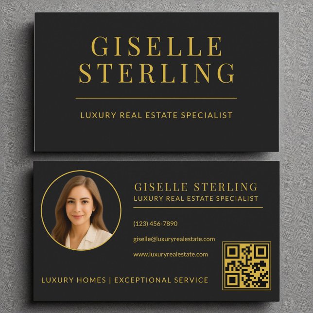 Carte De Visite Code QR de l'agent immobilier Black Gold (Créateur téléchargé)