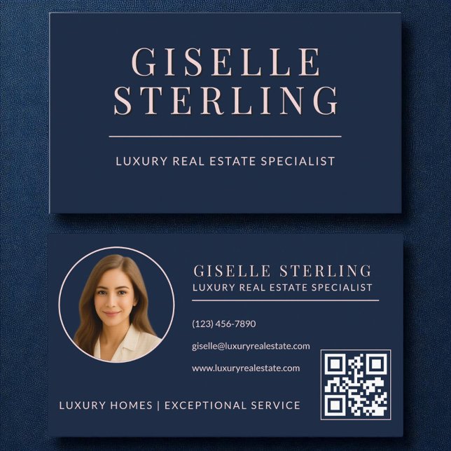 Carte De Visite Code QR de l'agent immobilier Blush Rose Navy Blue (Créateur téléchargé)
