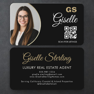 Carte De Visite Code QR de l'agent immobilier de luxe Noir Or Phot