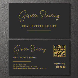 Carte De Visite Code QR de l'agent immobilier minimaliste Black &