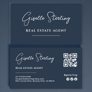 Carte De Visite Code QR de l'agent immobilier minimaliste bleu mar