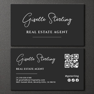 Carte De Visite Code QR de l'agent immobilier minimaliste noir et 