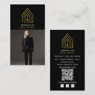 Carte De Visite Code QR de l'agent immobilier photo clé or noir