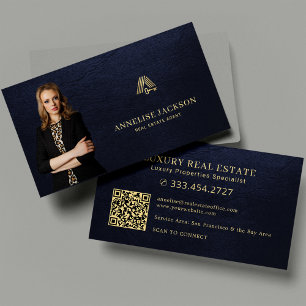 Carte De Visite Code QR de l'agent immobilier photo luxe marine or