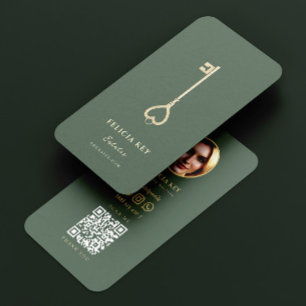Carte De Visite Code QR de l'agent immobilier vintage Gold Key
