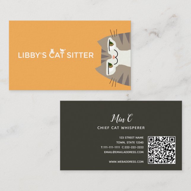 Carte De Visite Code QR de l'animal de compagnie de chat assis (Devant / Derrière)