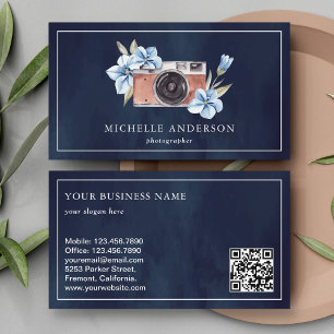 Carte De Visite Code QR de l'appareil photo floral bleu marine Pho