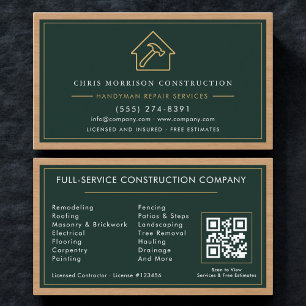Carte De Visite Code QR de l'artisan en construction verte Profess