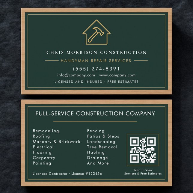 Carte De Visite Code QR de l'artisan en construction verte Profess (Créateur téléchargé)
