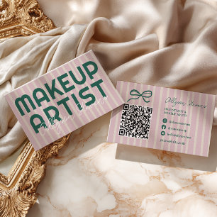 Carte De Visite Code QR de l'Artiste Maquilleur Rayure Verte Rose