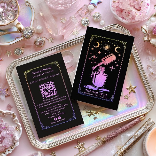 Carte De Visite Code QR de l'artiste ongulaire Rainbow Retro Celes (Rainbow Retro Celestial Tarot Nail artist QR Code Business Card)