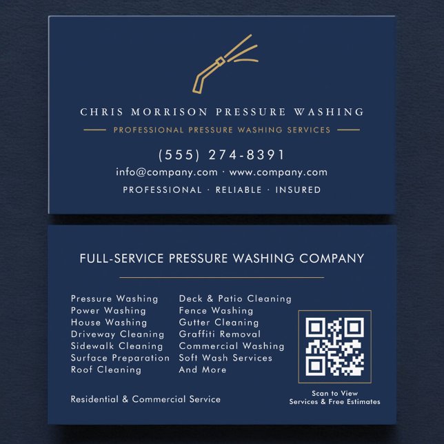 Carte De Visite Code QR de lavage sous pression Navy Blue (Créateur téléchargé)