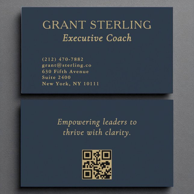 Carte De Visite Code QR de l'entraîneur exécutif Marine Blue Gold (Créateur téléchargé)