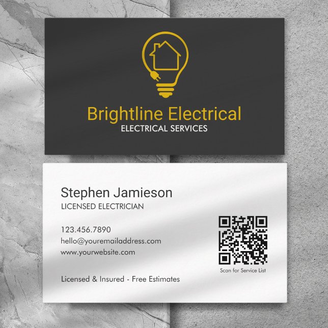 Carte De Visite Code QR de l'entrepreneur électrique moderne  (Créateur téléchargé)