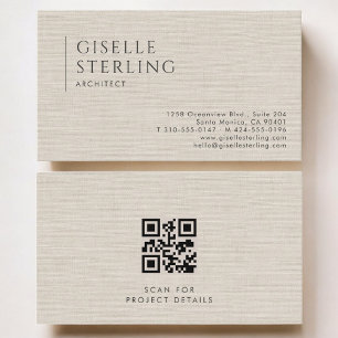 Carte De Visite Code QR de lin neutre de luxe pour architecte