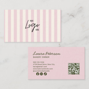 Carte De Visite Code QR de logo de boulangerie rayures rose clair 
