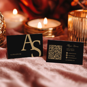 Carte De Visite Code QR de Logo de Initiales Noires Dorées Maquill