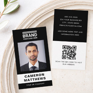 Carte De Visite Code QR de logo de photo en noir et blanc moderne
