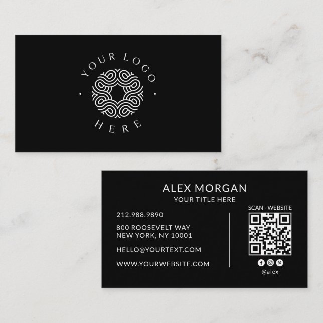 Carte De Visite Code QR de logo noir moderne (Devant / Derrière)