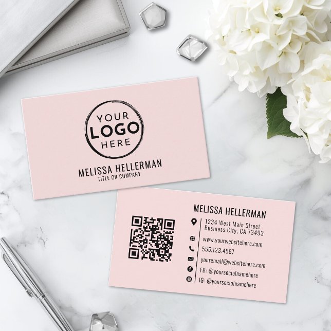 Carte De Visite Code QR de logo professionnel rose blush (Blush Pink Professional Logo QR Code Business Card)