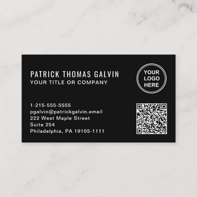 Carte De Visite Code QR de logo professionnel simple noir (Devant)