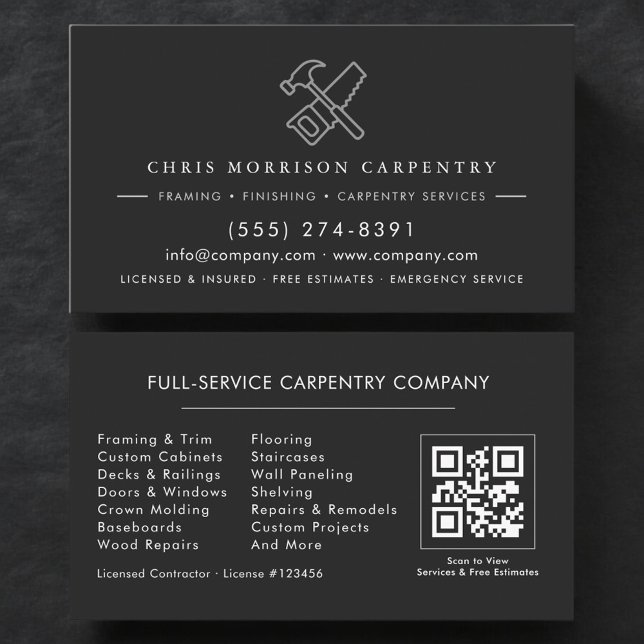Carte De Visite Code QR de luxe Charpentier Menuiserie Noir Argent (Créateur téléchargé)