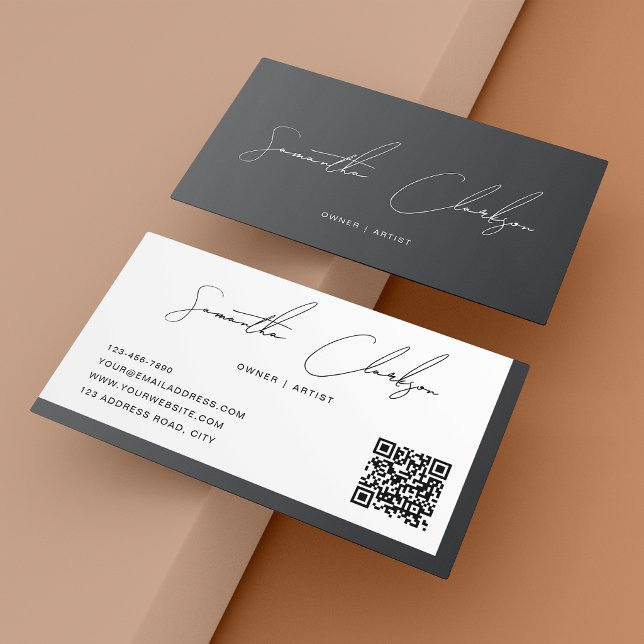 Carte De Visite Code QR de luxe moderne gris foncé écriture manusc (Créateur téléchargé)