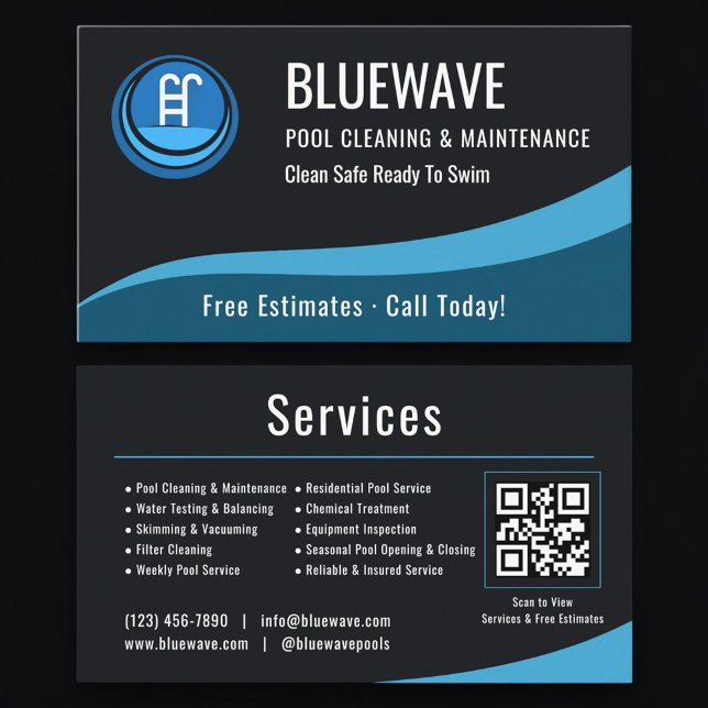 Carte De Visite Code QR de maintenance de piscine Professionnel  (Créateur téléchargé)
