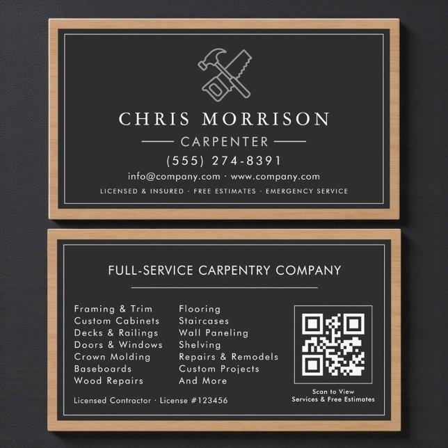Carte De Visite Code QR de menuiserie de luxe pour charpentier (Créateur téléchargé)
