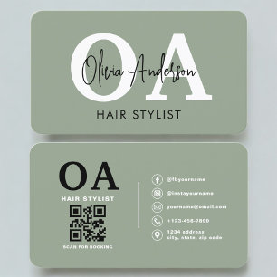 Carte De Visite Code QR de monogramme de coiffeur Vert Sauge