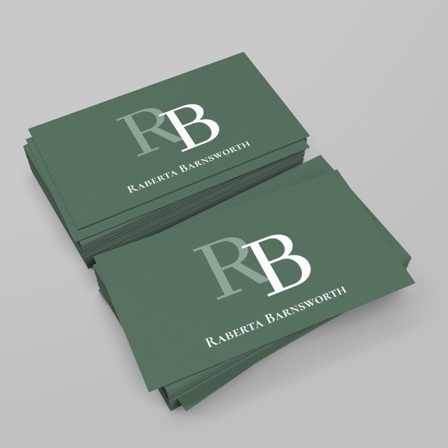 Carte De Visite Code QR de monogramme vert élégant professionnel (Elegant green monogram business card with QR code for modern networking.)