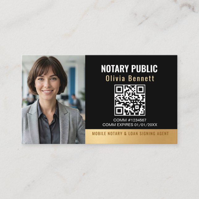 Carte De Visite Code QR de notaire moderne noir or  (Devant)