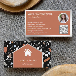 Carte De Visite Code QR de photo immobilière en Terrazzo noir mode