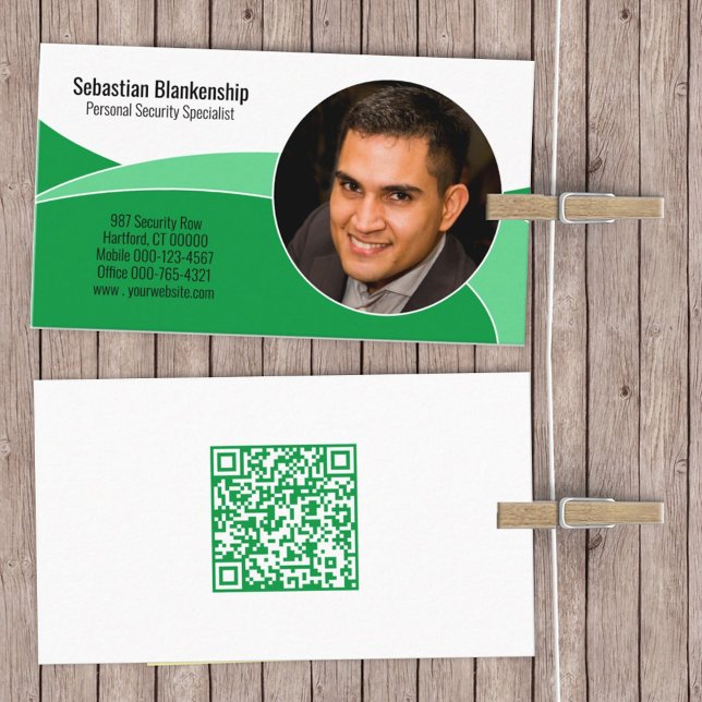 Carte De Visite Code QR de photo personnalisée Green Security Prof (Créateur téléchargé)