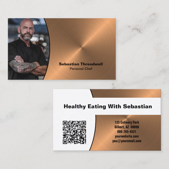 Carte De Visite Code QR de photo professionnelle Chef Faux Copper  (Devant / Derrière)