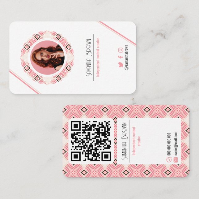 Carte De Visite Code QR de photo rose minimale avec motif (Devant / Derrière)